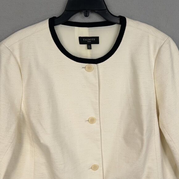 Talbots Coat Women 22W Ivory Textured Black Trim Collarless Capsule Quiet Luxury - Picture 2 of 13